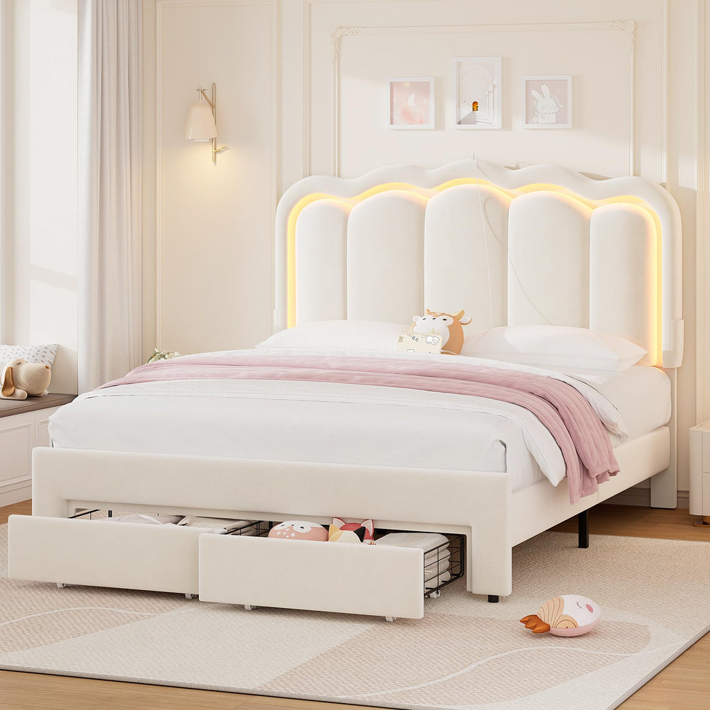 Beige Velvet Upholstered LED Bed Frame with 2 Storage Drawers U293573