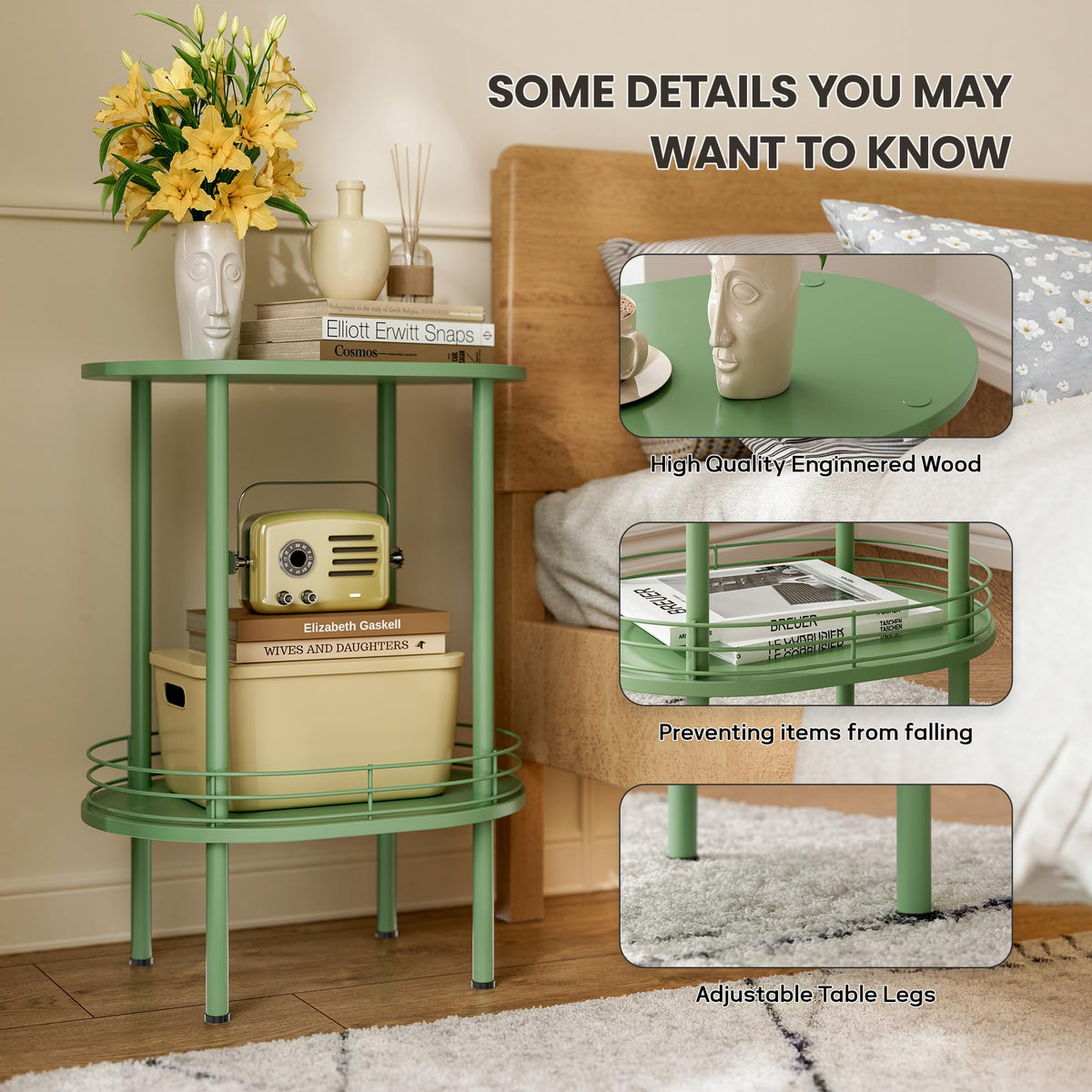 Oval Side Table with Storage, 2-Tier Green End Table O90441