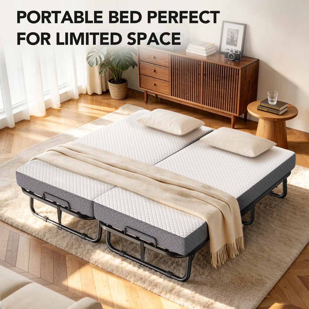 Folding Bed with Memory Foam Mattress Twin Size Metal Frame White G86224