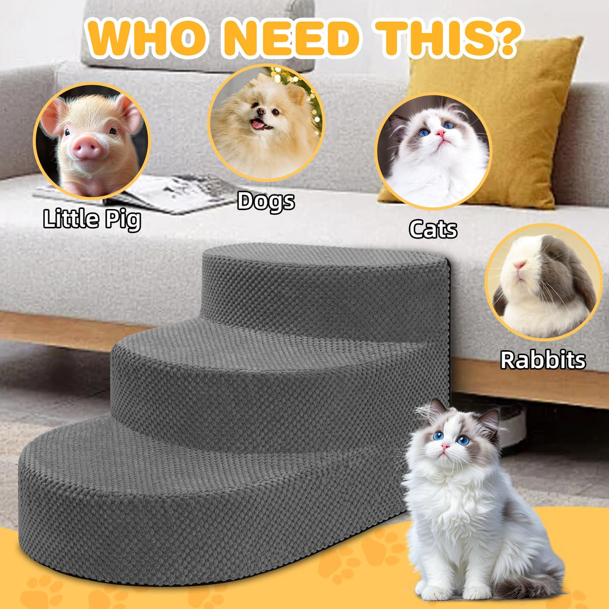 Grey 3 Steps Foam Dog Stairs Z727
