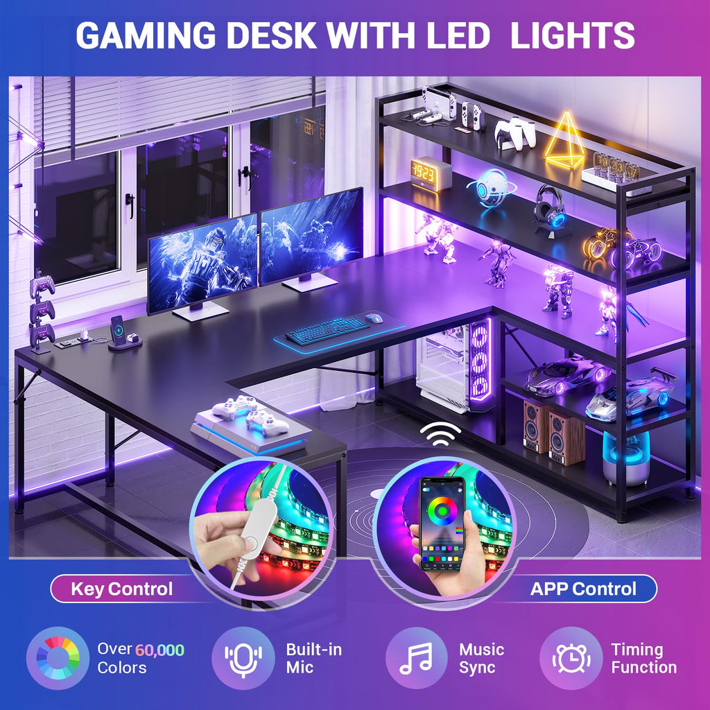 Black L Shaped Gaming Desk with Power Outlet and Storage Shelves N6232