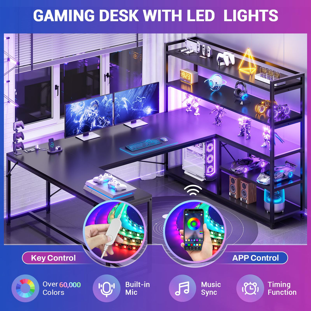 Black L Shaped Gaming Desk with Power Outlet and Storage Shelves N6232