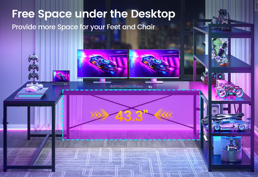 Black L Shaped Gaming Desk with Power Outlet and Storage Shelves N6232