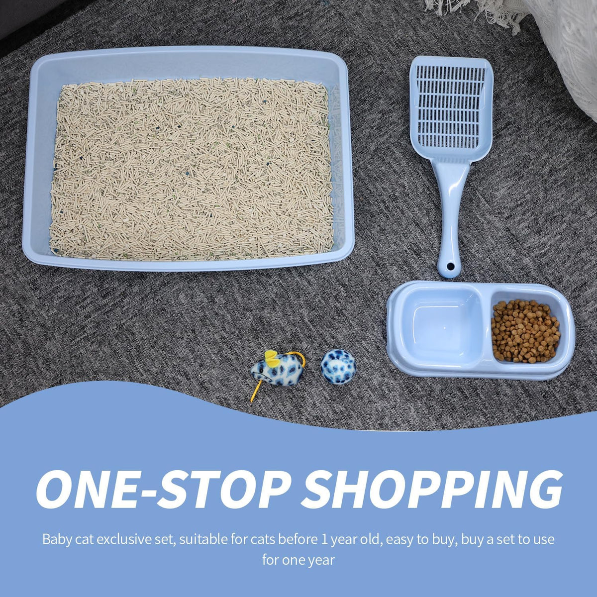 Cat Litter Box Set with Litter Scoop, Double Dish Cat Bowl, Mouse and Ball Toy W80809