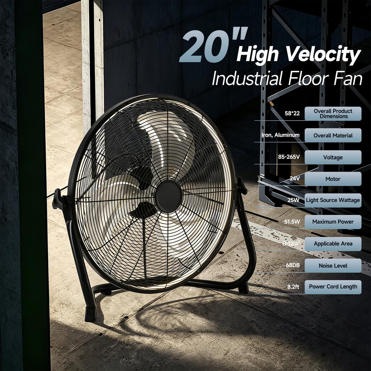 20" High Velocity Metal Floor Fan with Light I9438