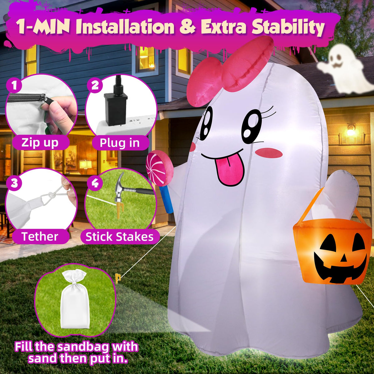 5FT Halloween Inflatables Ghost with Built-in LED Lights S187833