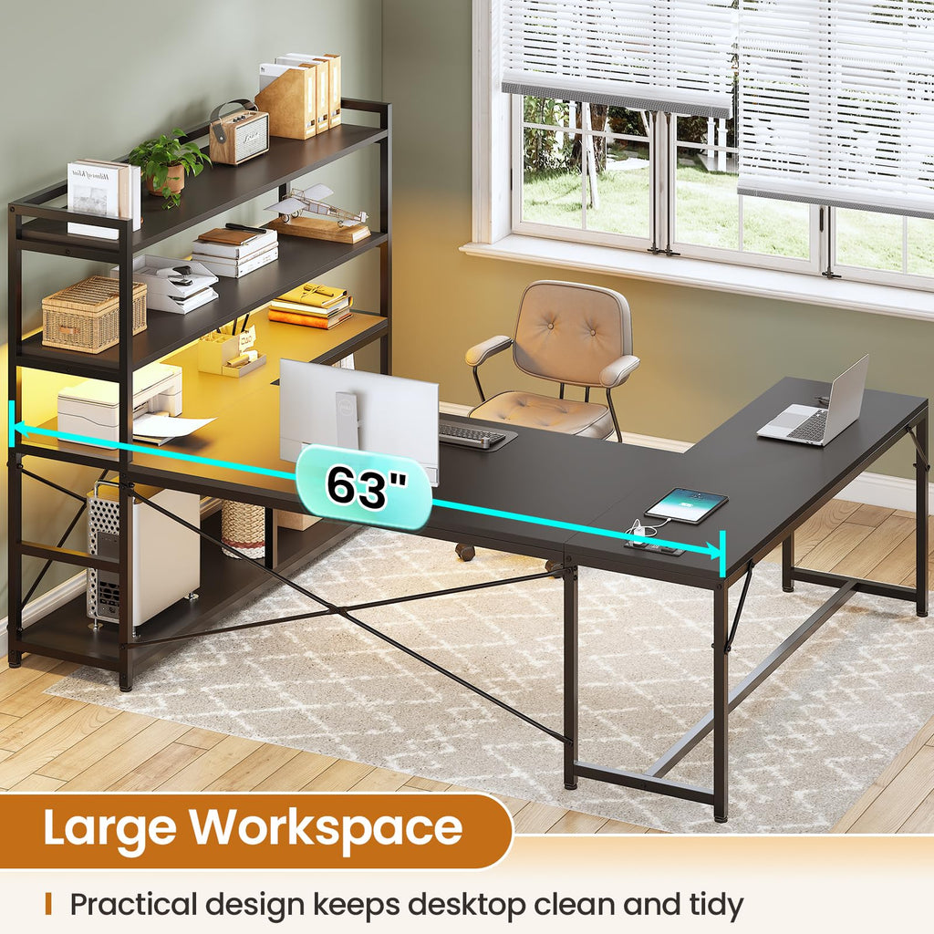 Black L Shaped Gaming Desk with Power Outlet and Storage Shelves N6232