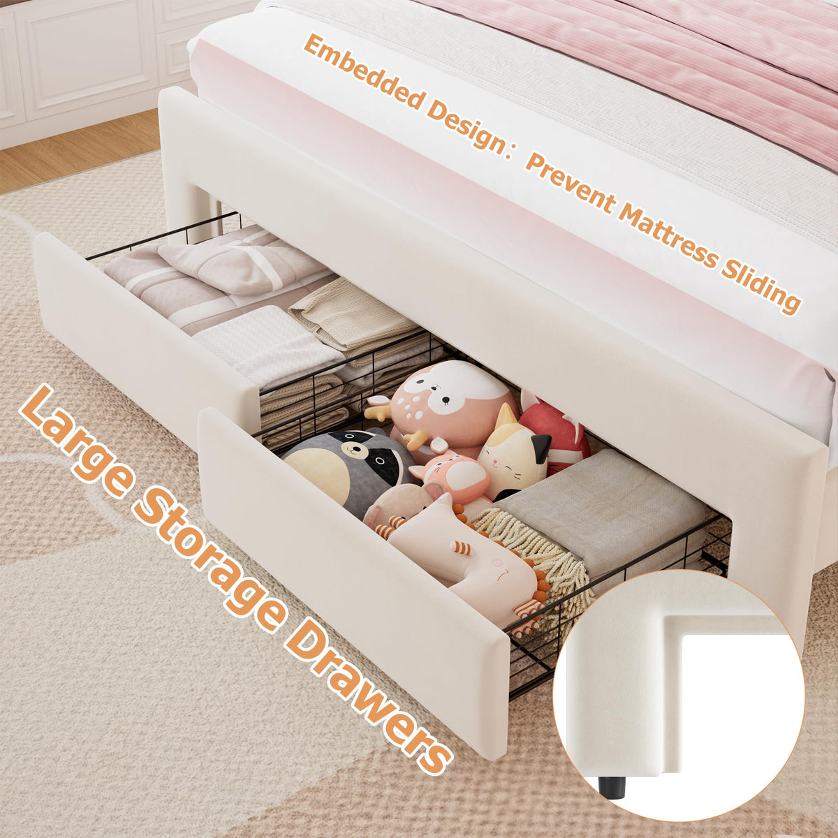 Beige Velvet Upholstered LED Bed Frame with 2 Storage Drawers U293573