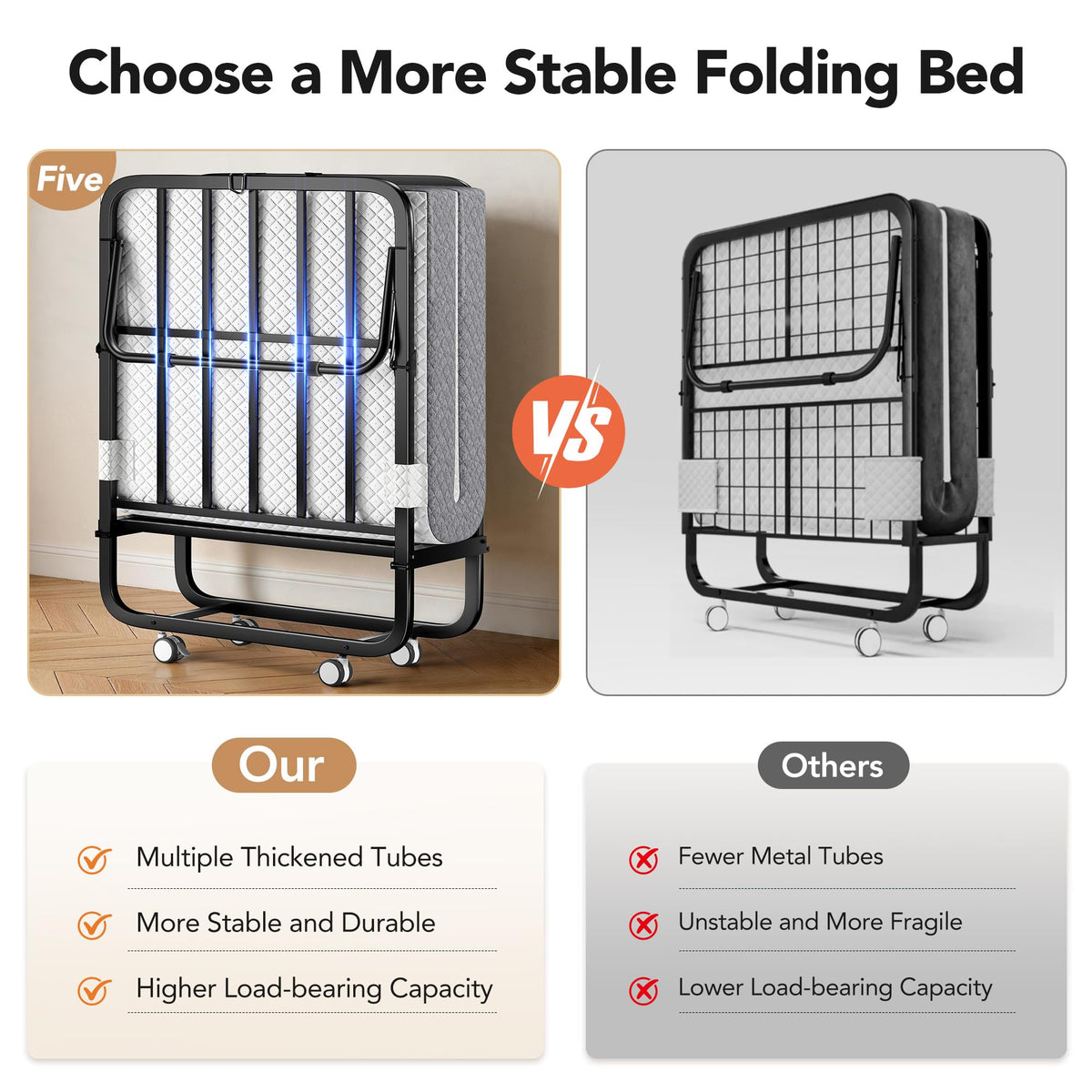 Folding Bed with Memory Foam Mattress Twin Size Metal Frame White G86224