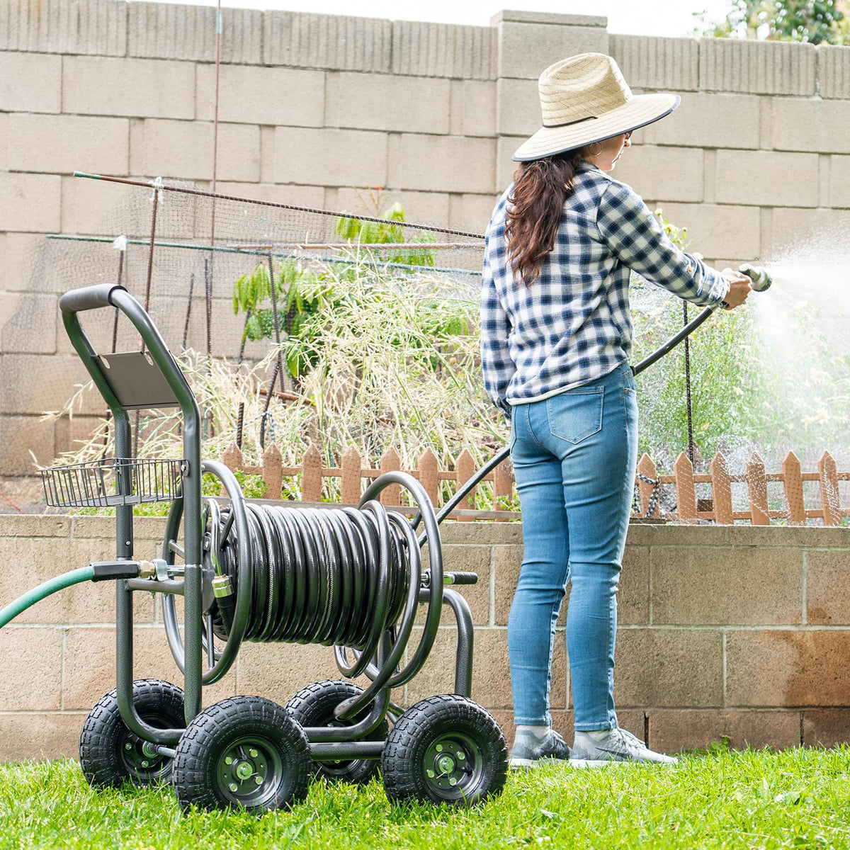 Hose Reel Cart with Wheels, 300-Feet Capacity, Grey O87468