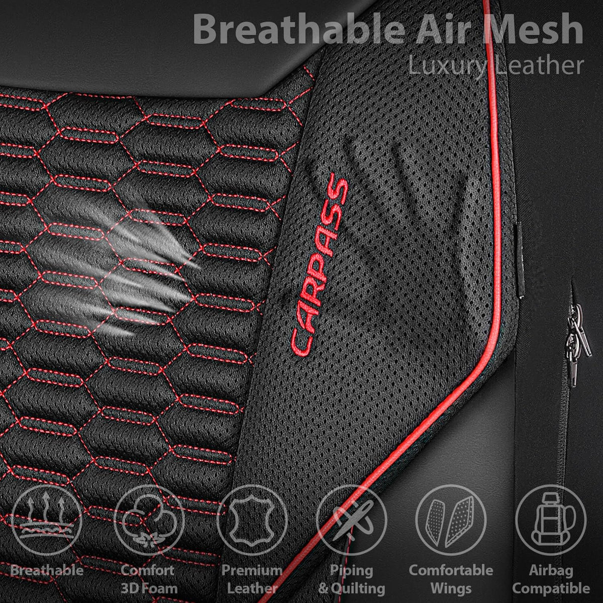 3D Foam Mesh Faux Leather Car Seat Covers Full Set, Black and Red R4671