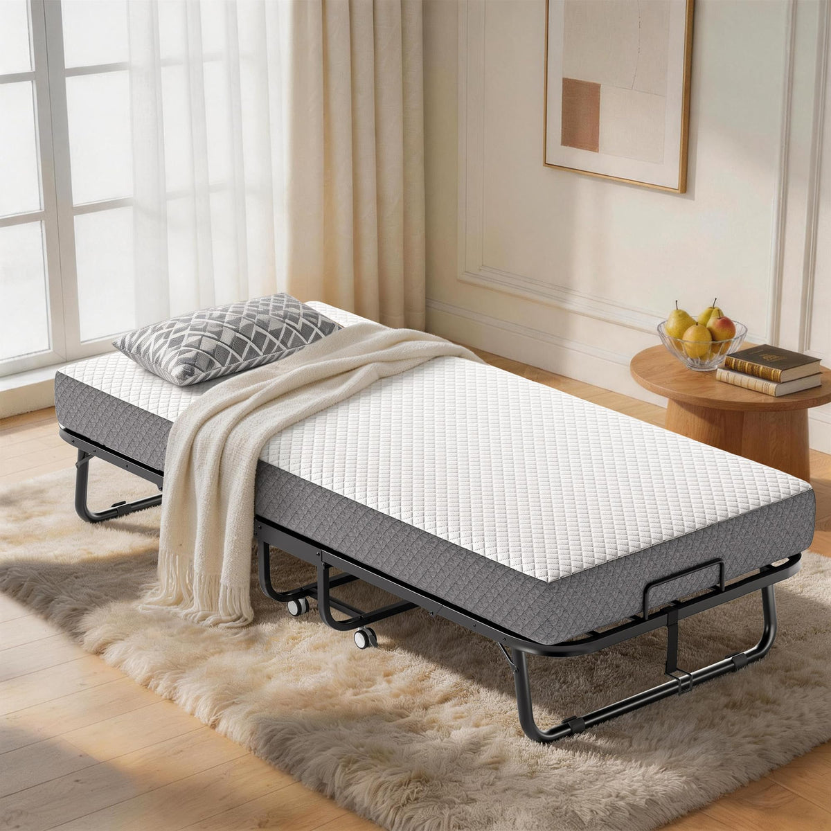 Folding Bed with Memory Foam Mattress Twin Size Metal Frame White G86224