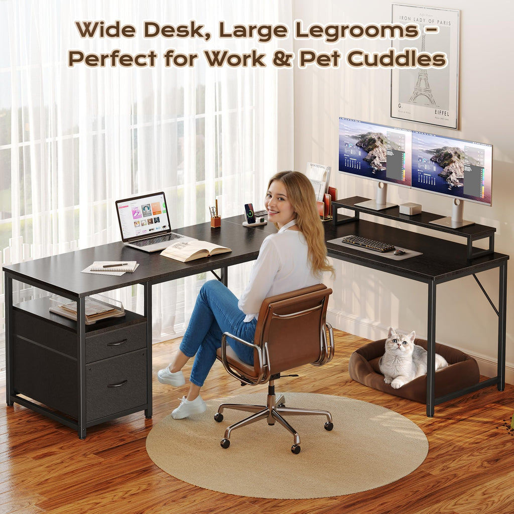 63 Inch L Shaped Desk with Power Outlets and USB-C Port, Black T524823
