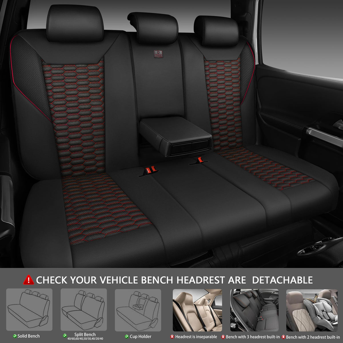 3D Foam Mesh Faux Leather Car Seat Covers Full Set, Black and Red R4671