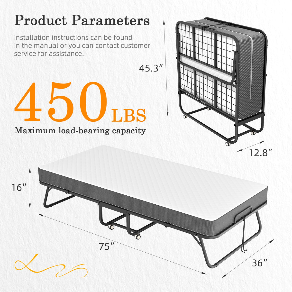 Folding Bed with Mattress 75" x 38" Memory Foam X473