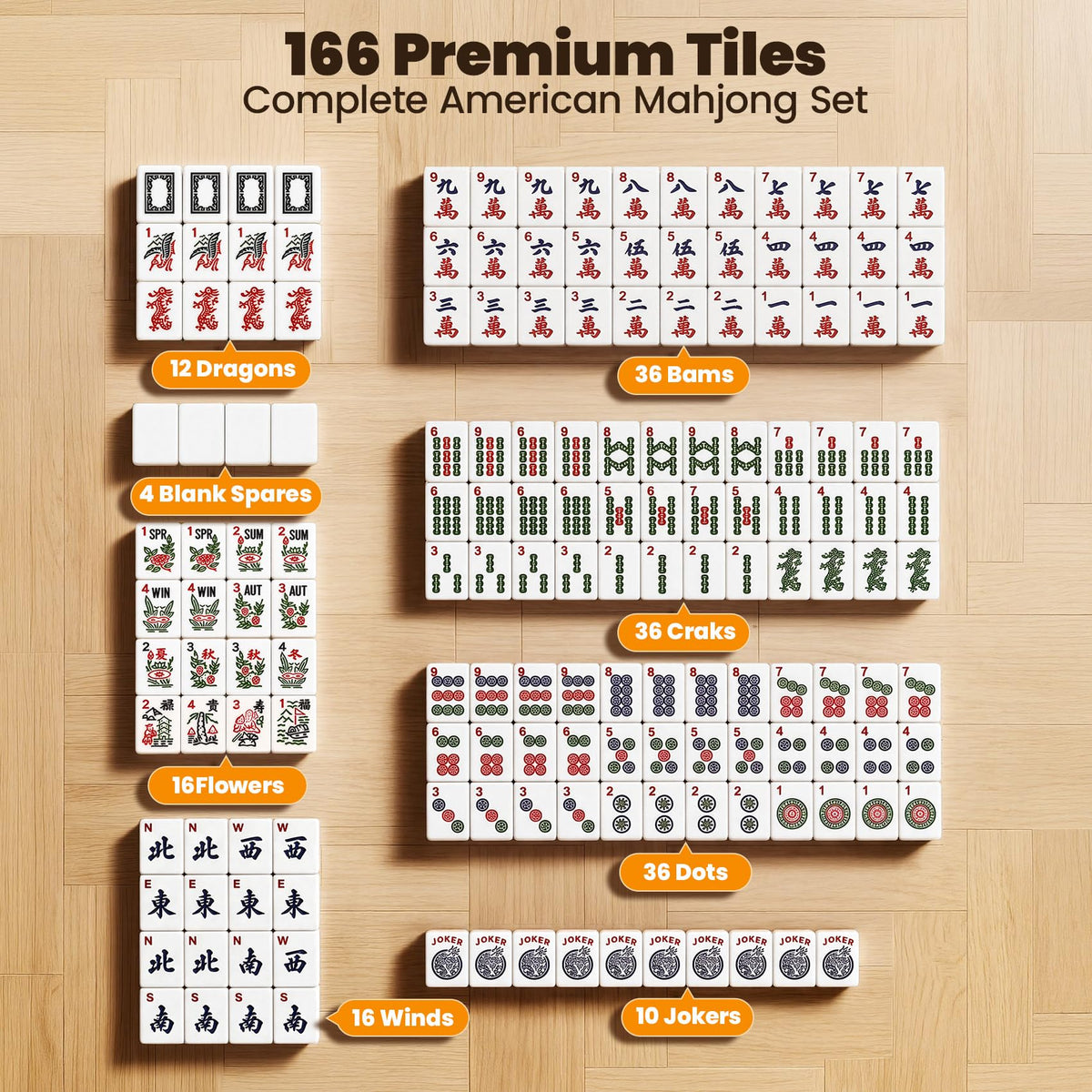 166 Tiles Mahjong Set with 4 Racks Y754