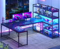 Black L Shaped Gaming Desk with Power Outlet and Storage Shelves N6232