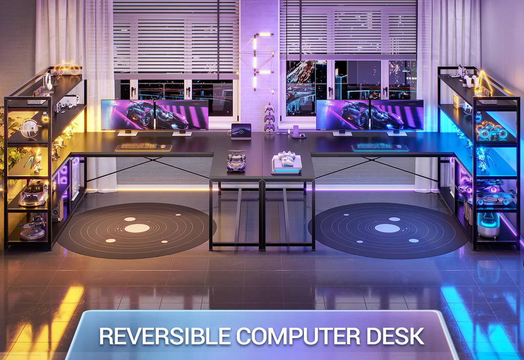 Black L Shaped Gaming Desk with Power Outlet and Storage Shelves N6232