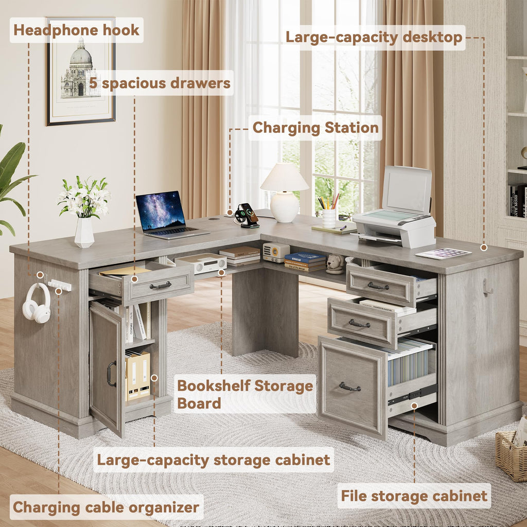 L Shaped Executive Desk with 4 Drawers Grey O551