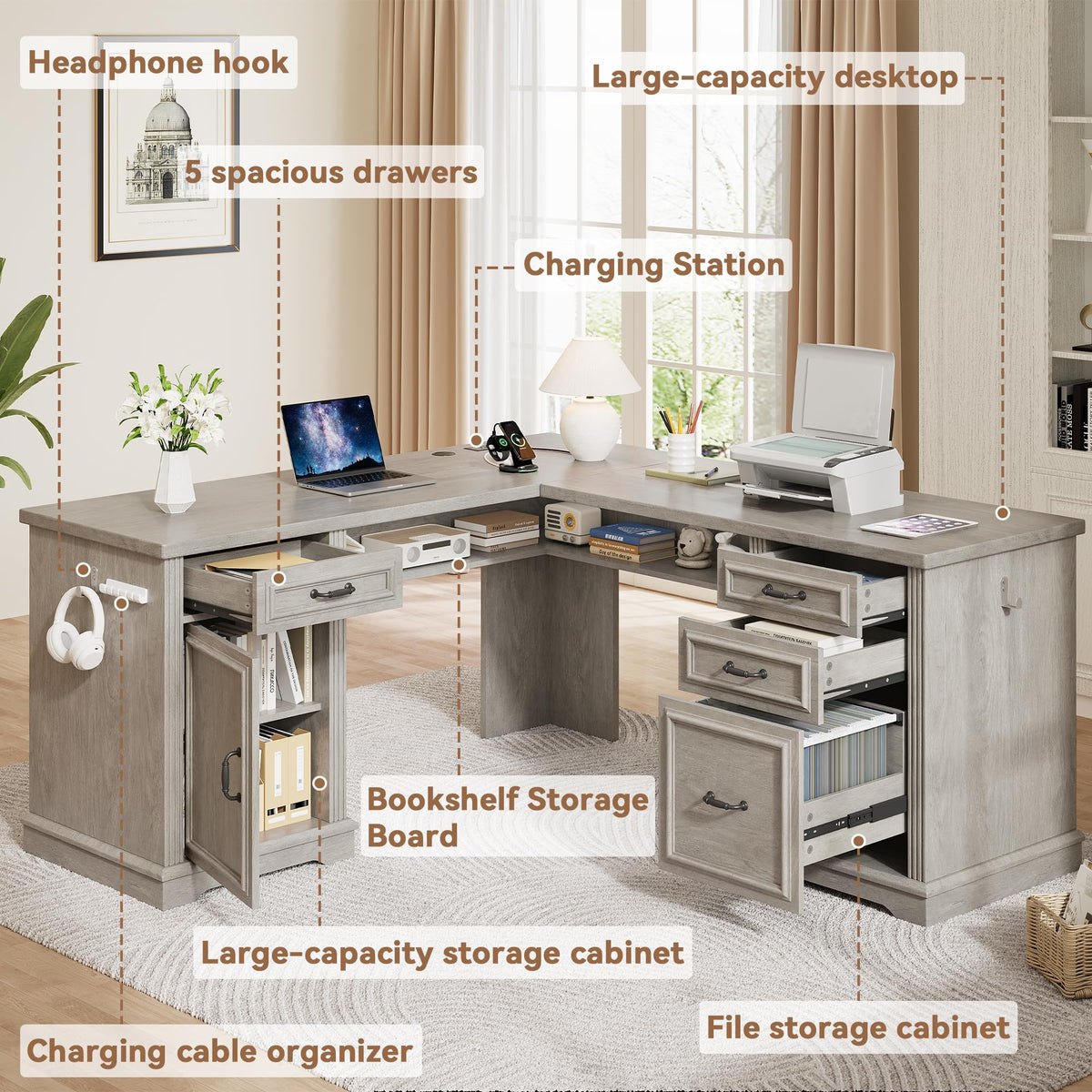 L Shaped Executive Desk with 4 Drawers Grey O551