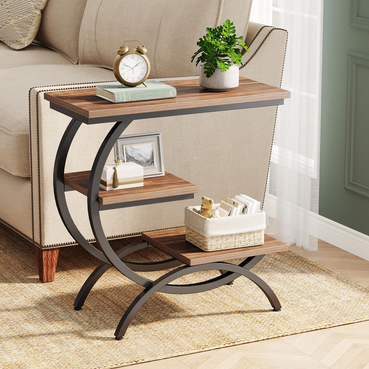 C-Shaped 3-Tier End Table with Curved Metal Frame B606251