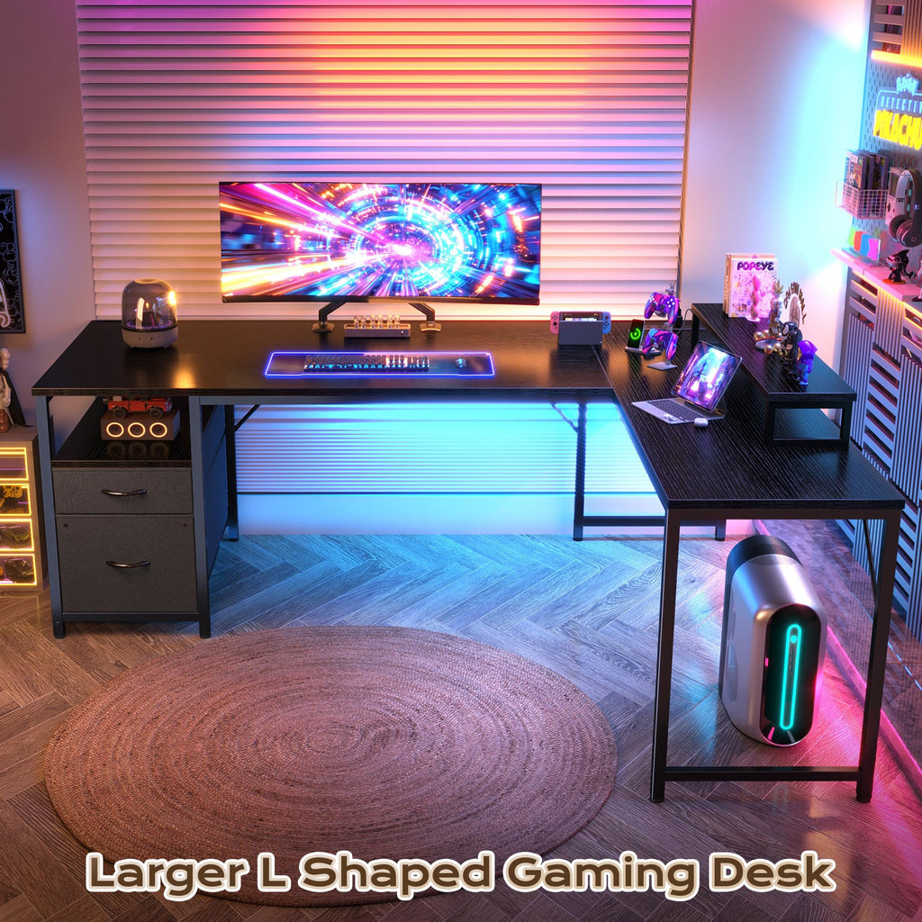 63 Inch L Shaped Desk with Power Outlets and USB-C Port, Black T524823