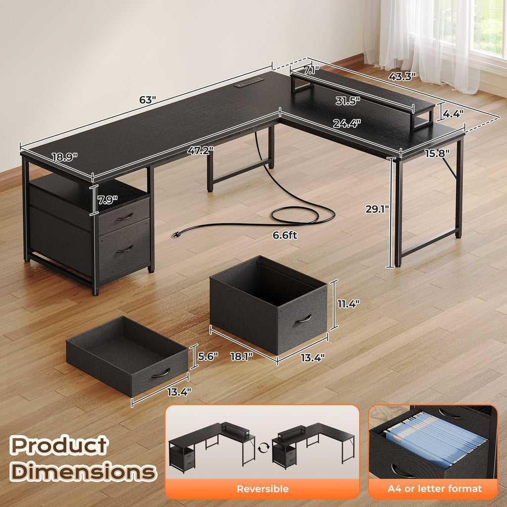 63 Inch L Shaped Desk with Power Outlets and USB-C Port, Black T524823