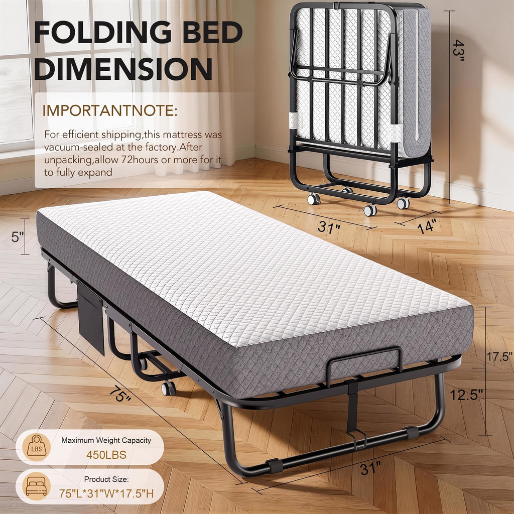 Folding Bed with Memory Foam Mattress Twin Size Metal Frame White G86224