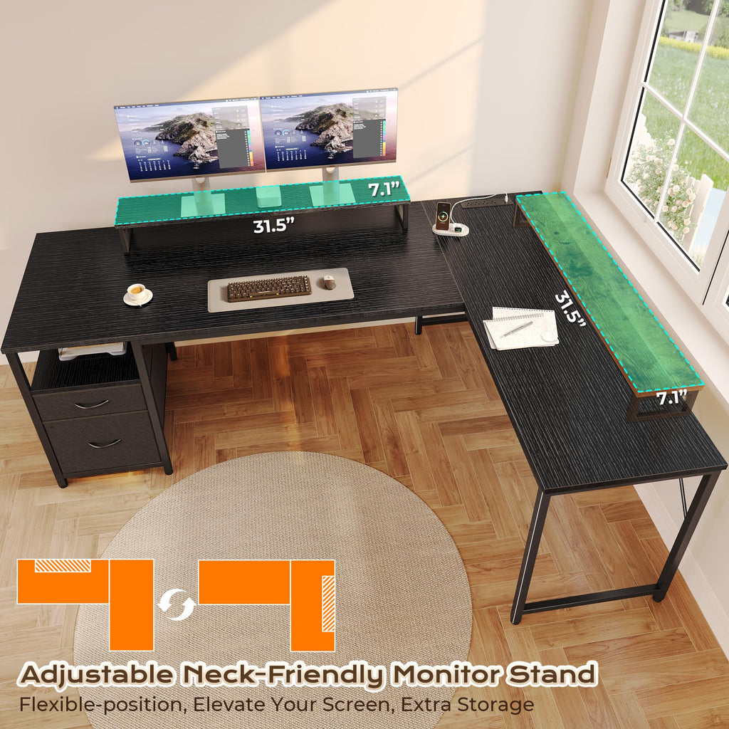 63 Inch L Shaped Desk with Power Outlets and USB-C Port, Black T524823