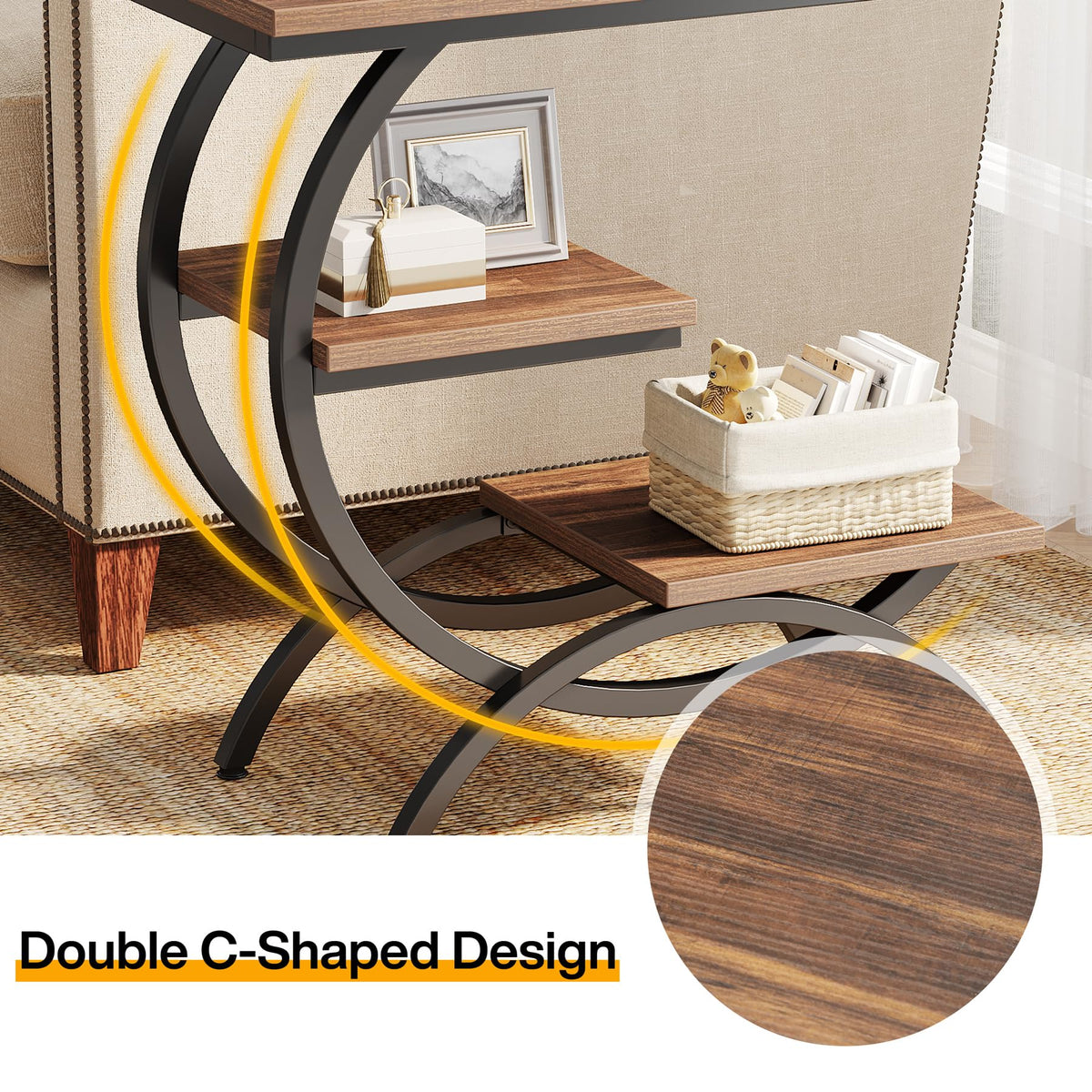 C-Shaped 3-Tier End Table with Curved Metal Frame B606251