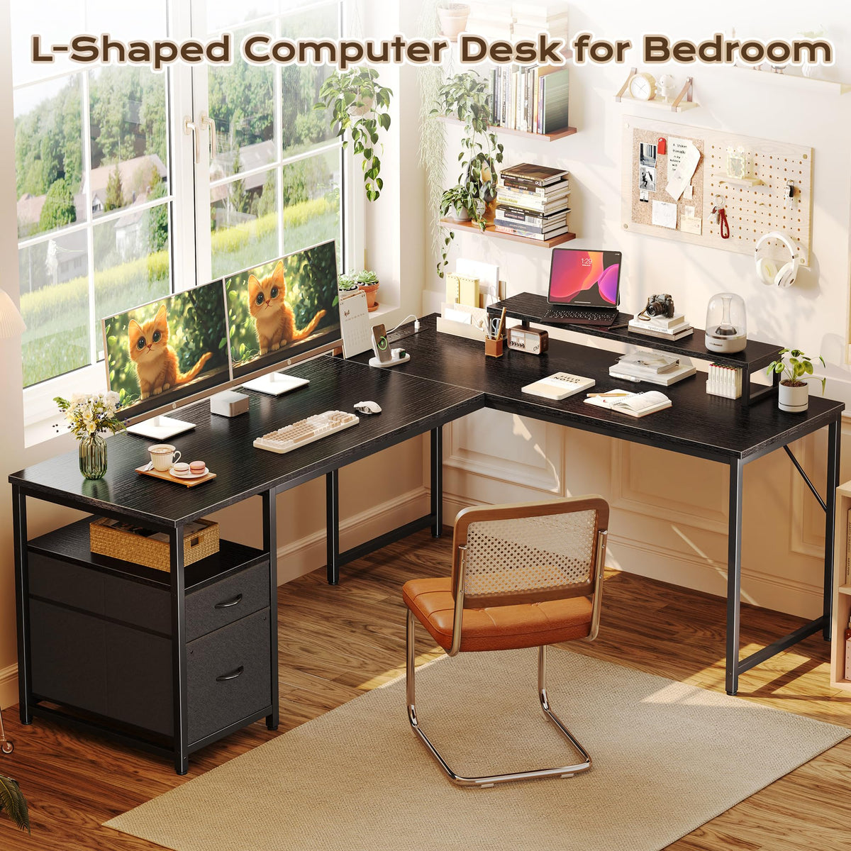 63 Inch L Shaped Desk with Power Outlets and USB-C Port, Black T524823